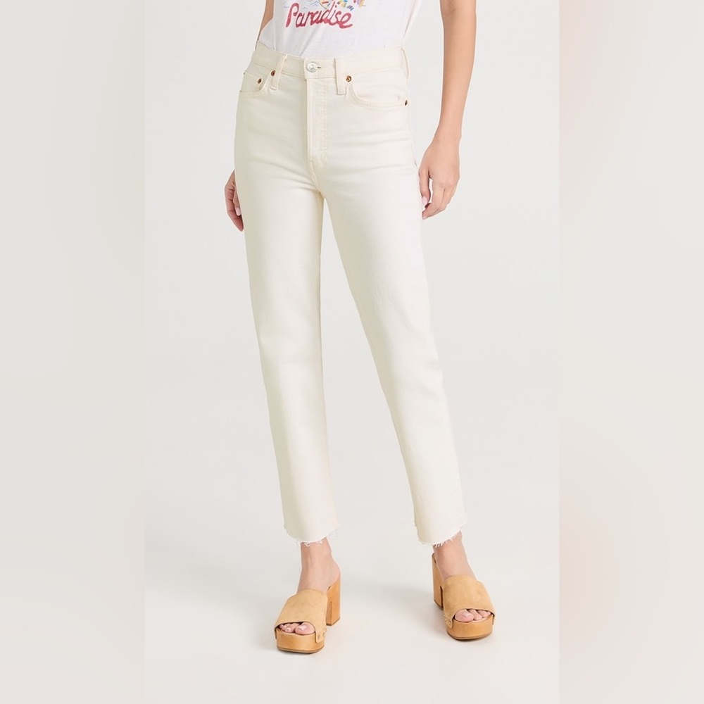 Re/Done White Frayed Hem Straight Jeans